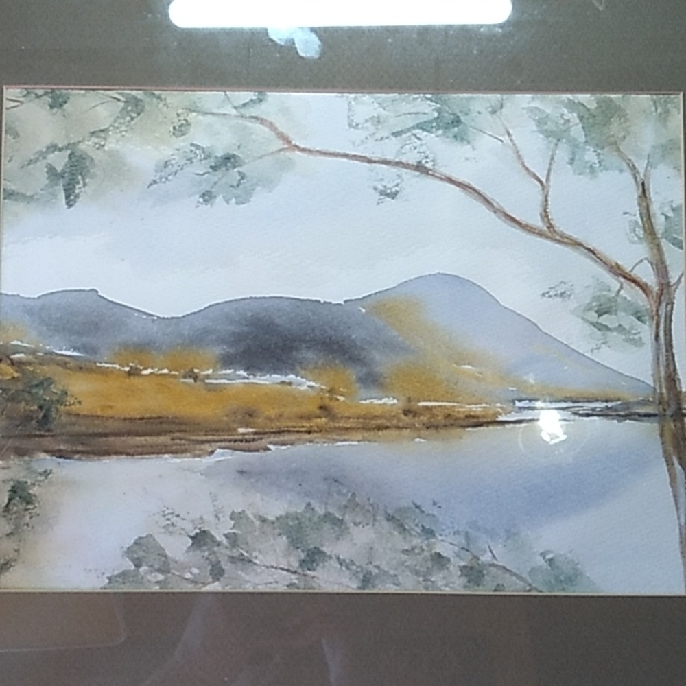 Original watercolor art work Tasmania by Geoffrey Breaden mountain and river